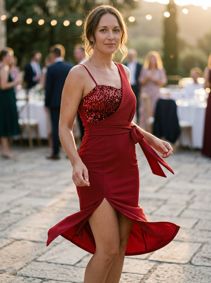 Women's Sequined Sweetheart Bodycon Dress With Draped Bodice And Side Slit
