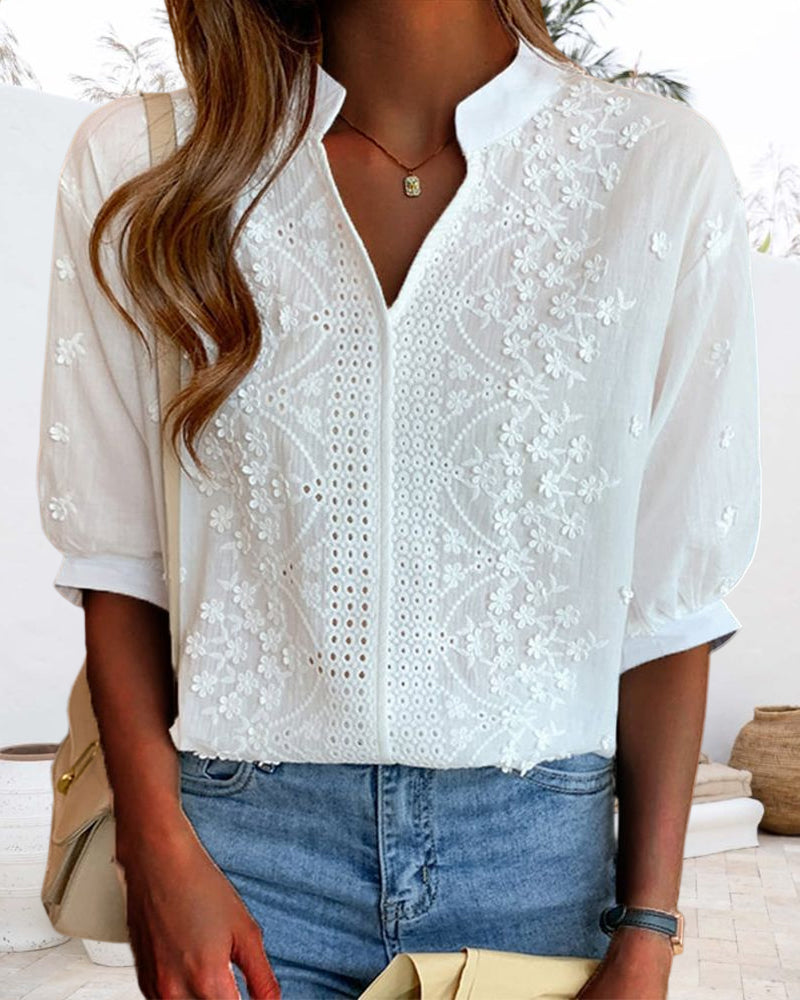 Women's Summer V-Neck Puff Sleeve Blouse