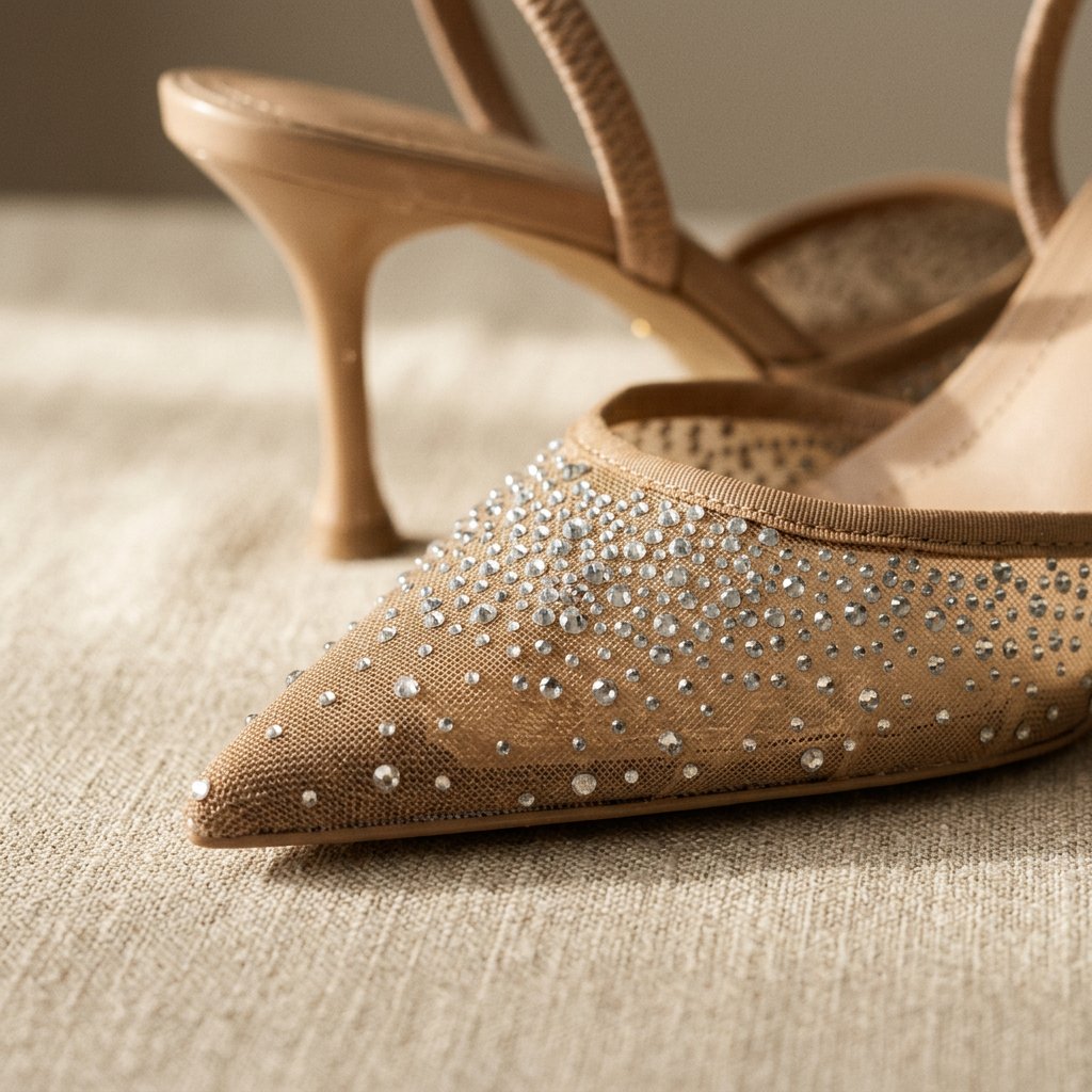 Women's Mesh Slingback Pointed-Toe Stiletto Heels With Rhinestone Detail