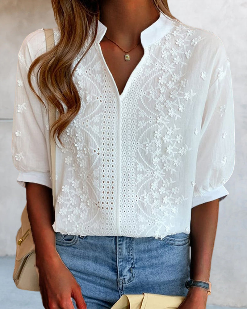 Women's Summer V-Neck Puff Sleeve Blouse