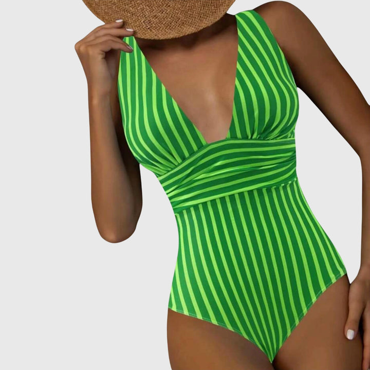 Women's Striped V-Neck One-Piece Swimsuit