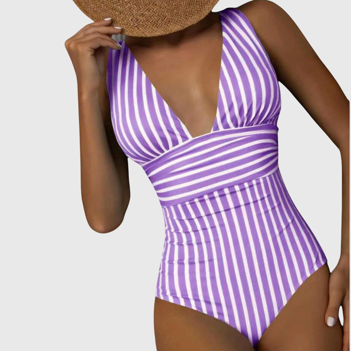 Women's Striped V-Neck One-Piece Swimsuit