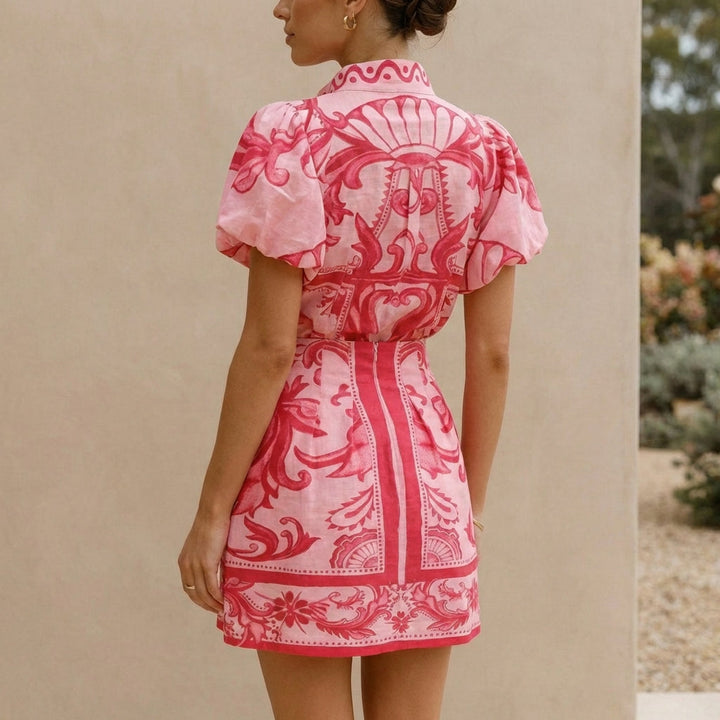 Women's Puff-Sleeve Mini Dress With Band Collar and A-Line Silhouette