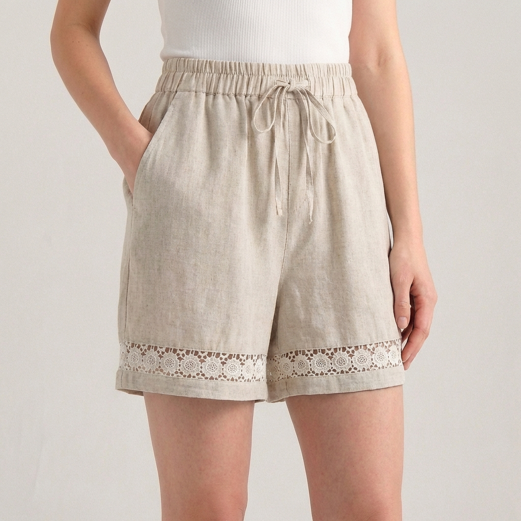 Women's Wide-Leg Mini Shorts With Delicate Lace Hem And Drawstring Waist