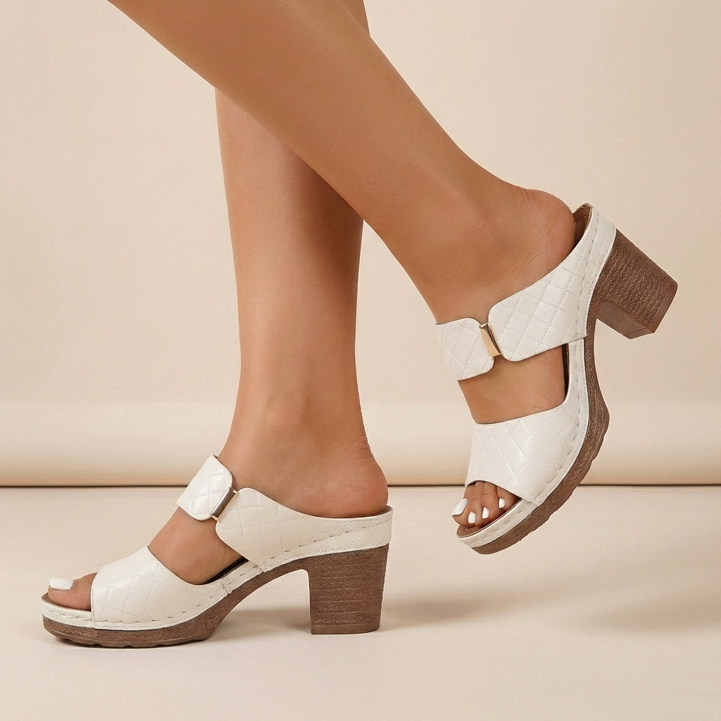 Women's Quilted Two-Strap Block-Heel Slide Sandals With Metallic Accent
