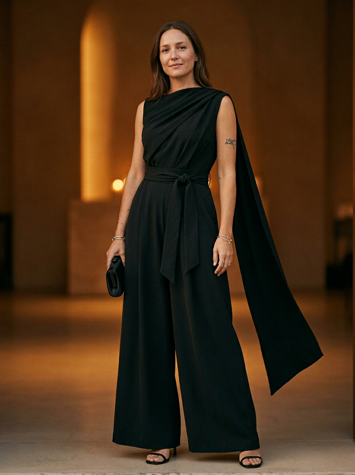 Women's Draped Cowl Neck Jumpsuit With Belted Waist and Wide Leg