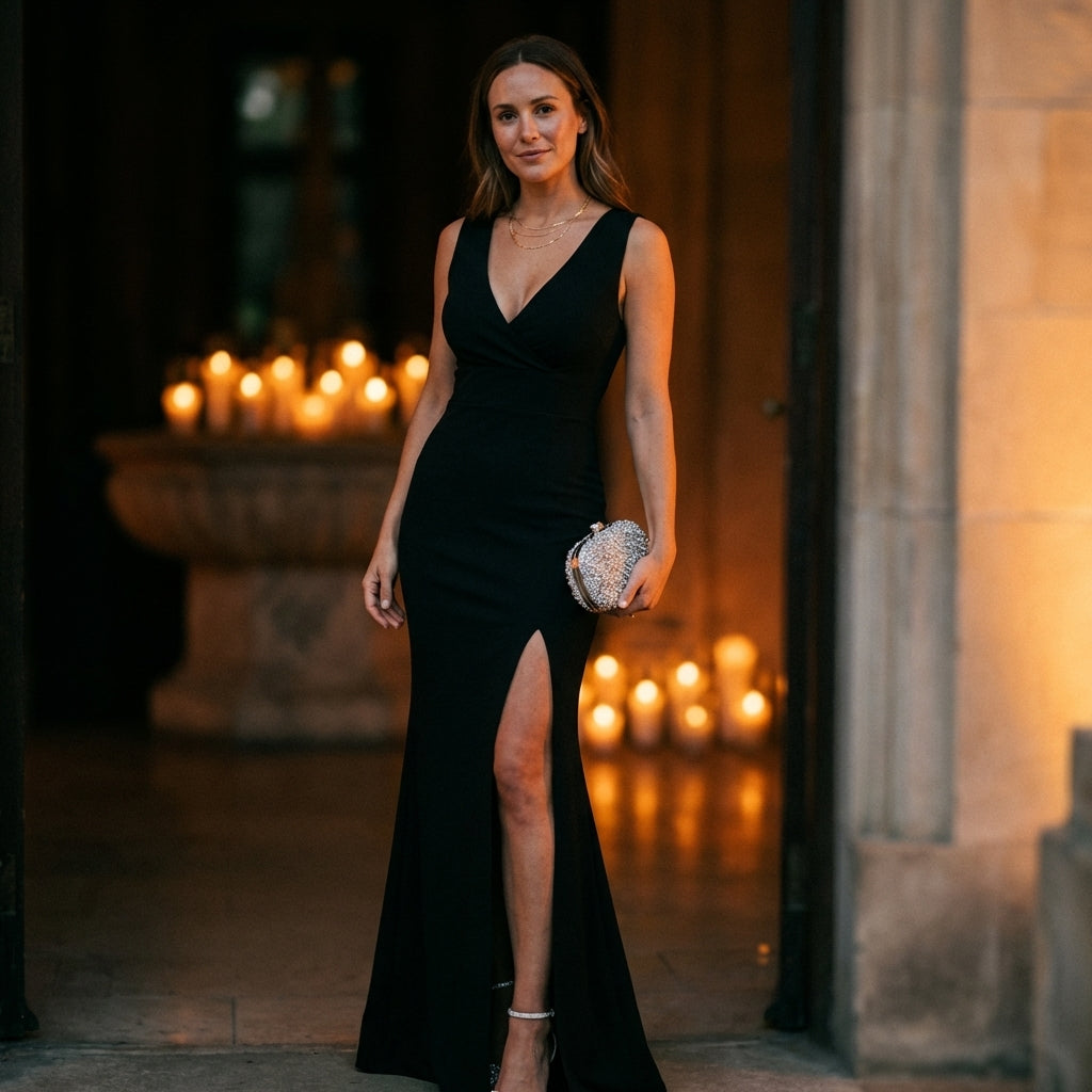 Women's Fitted V-Neck Wrap Maxi Dress With High Slit