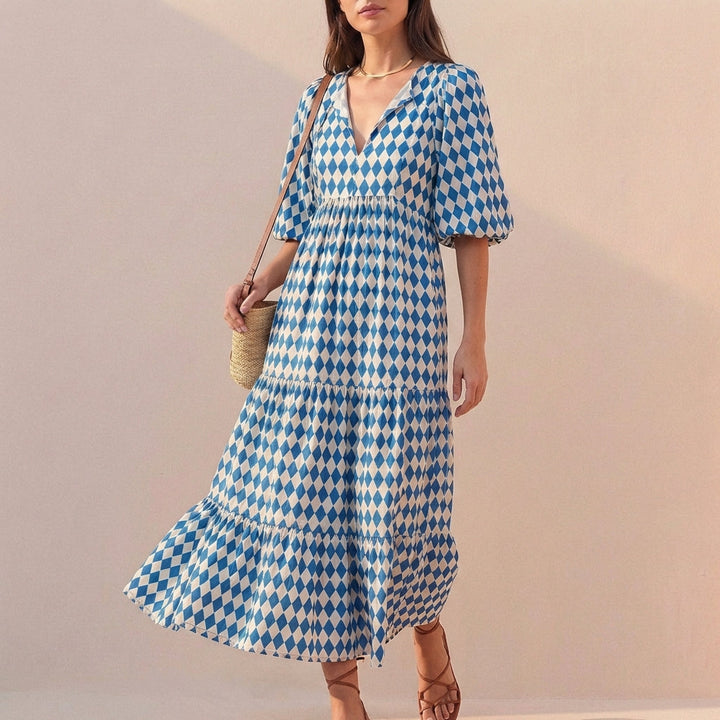 Women's V-Neck Midi Dress With Puff Sleeves and Tiered Skirt