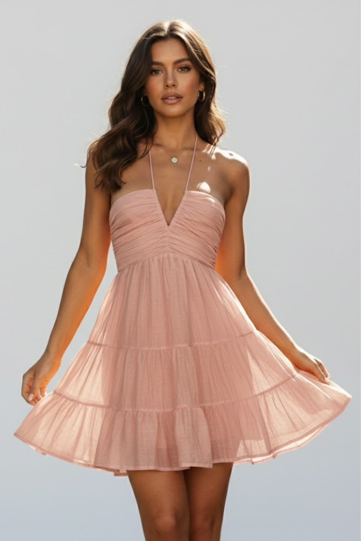 Women's Halter Mini Dress With Tiered Skirt