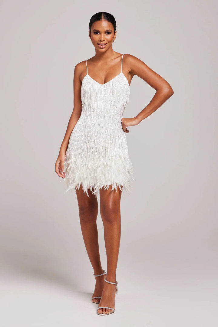 Women’s Fringe Mini Dress - Feather Hem Spaghetti Strap Cocktail Party Dress