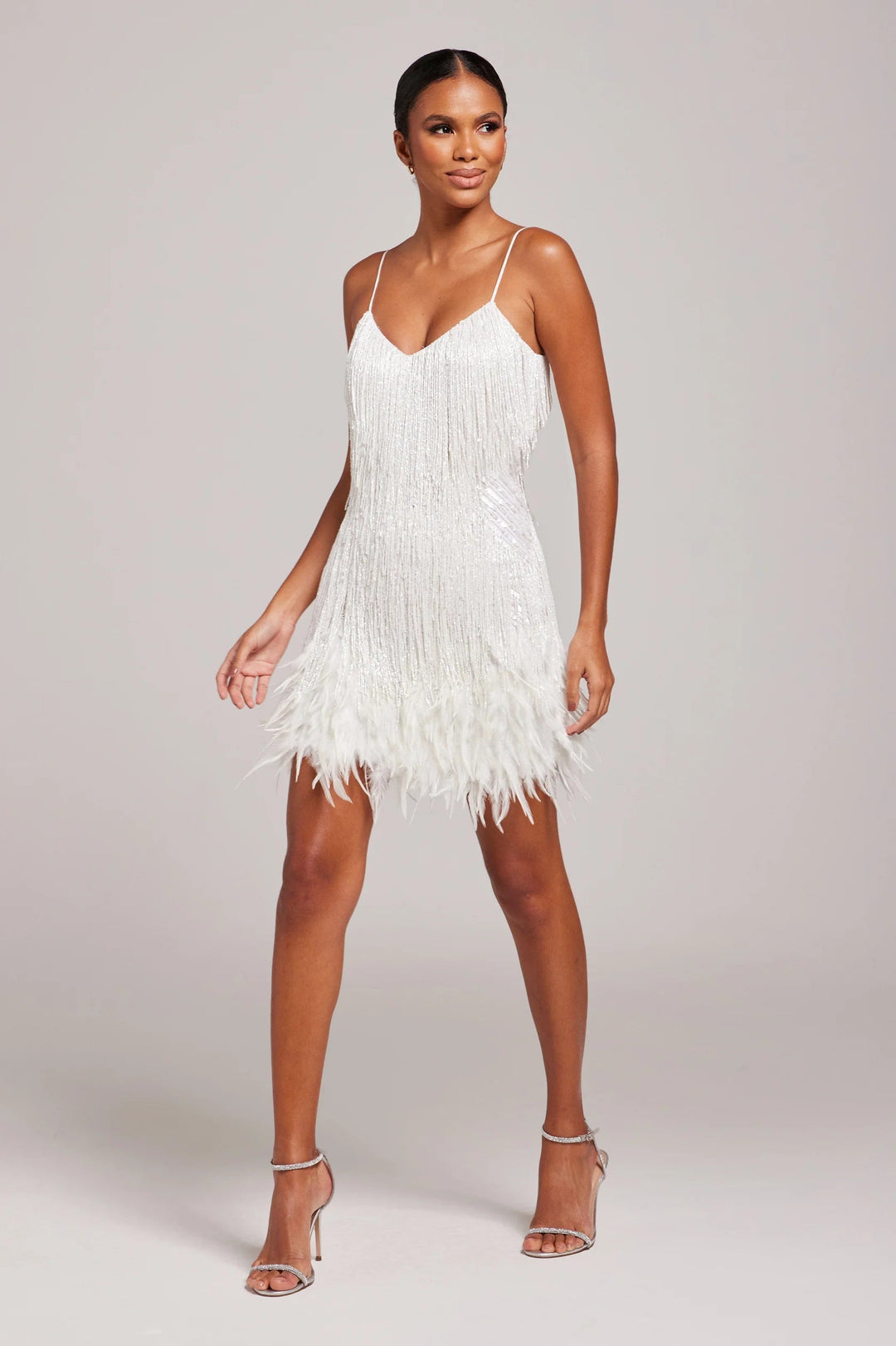 Women’s Fringe Mini Dress - Feather Hem Spaghetti Strap Cocktail Party Dress