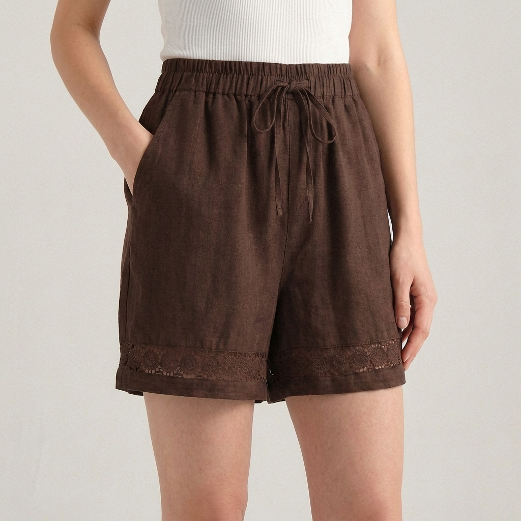 Women's Wide-Leg Mini Shorts With Delicate Lace Hem And Drawstring Waist