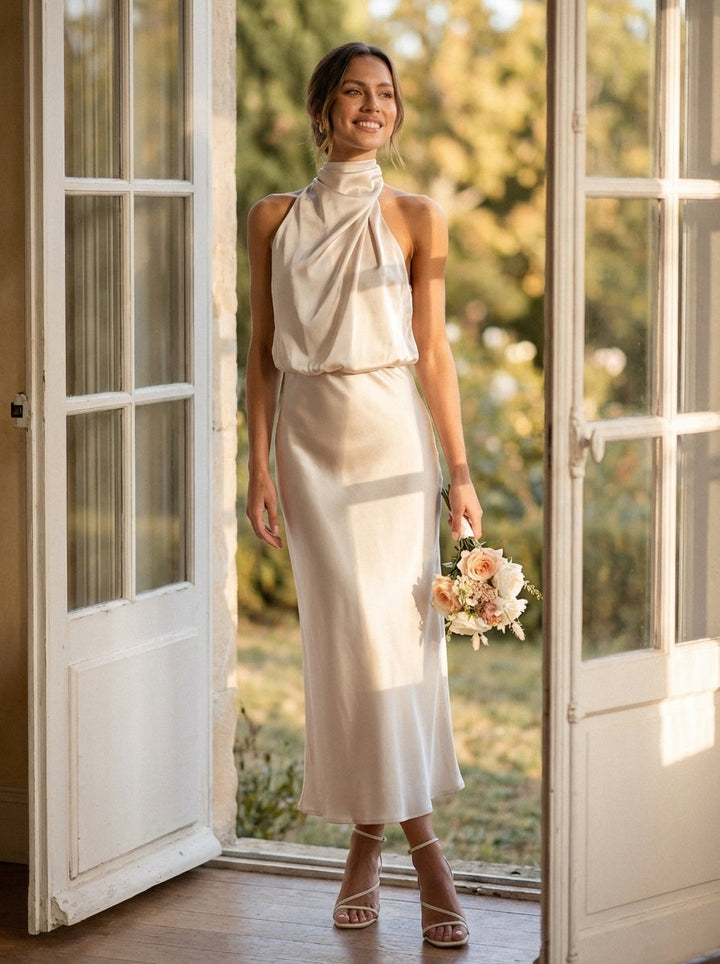 Women's Eloise Midi Dress With Draped Cowl Halter Neckline and Sleek Silhouette