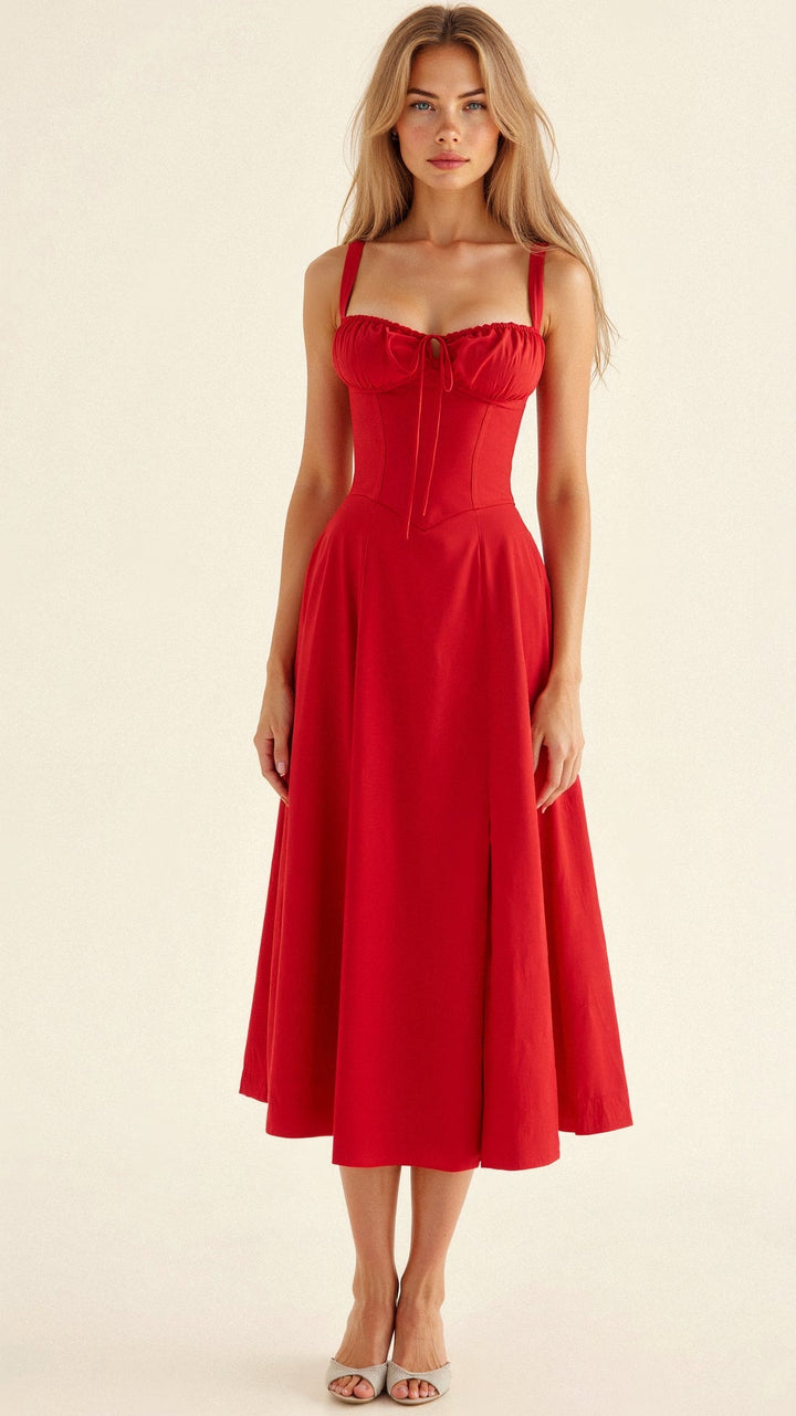 Women's Corset Midi Dress With Flowing Skirt