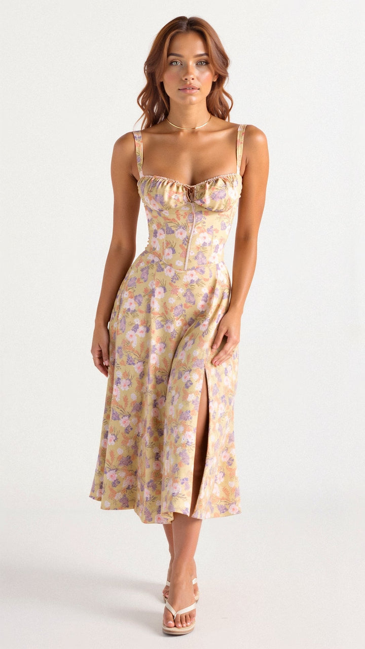 Women's Corset Midi Dress With Flowing Skirt