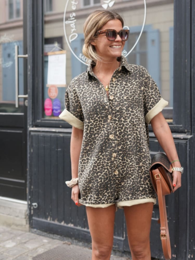 Women's Leopard Print Shirt Romper