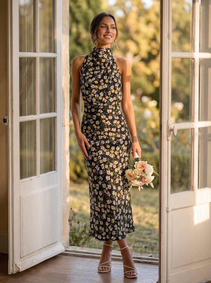 Women's Eloise Midi Dress With Draped Cowl Halter Neckline and Sleek Silhouette