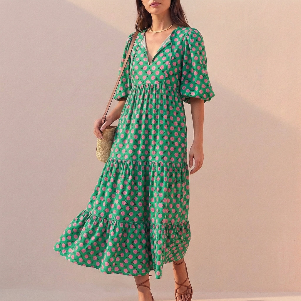 Women's V-Neck Midi Dress With Puff Sleeves and Tiered Skirt