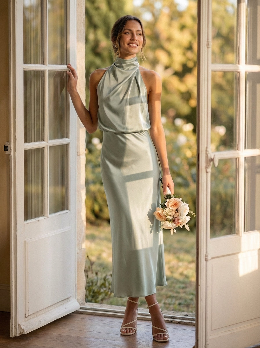 Women's Eloise Midi Dress With Draped Cowl Halter Neckline and Sleek Silhouette