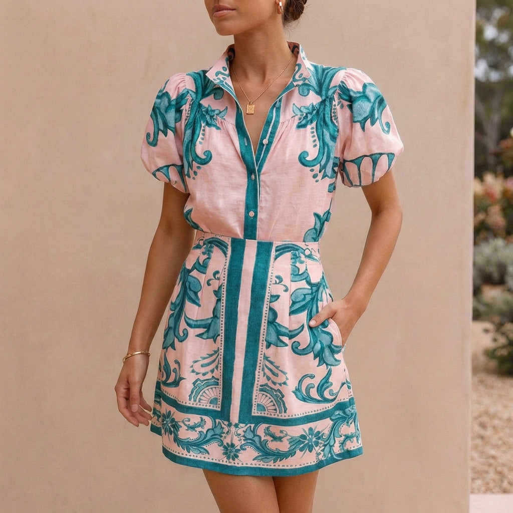 Women's Puff-Sleeve Mini Dress With Band Collar and A-Line Silhouette