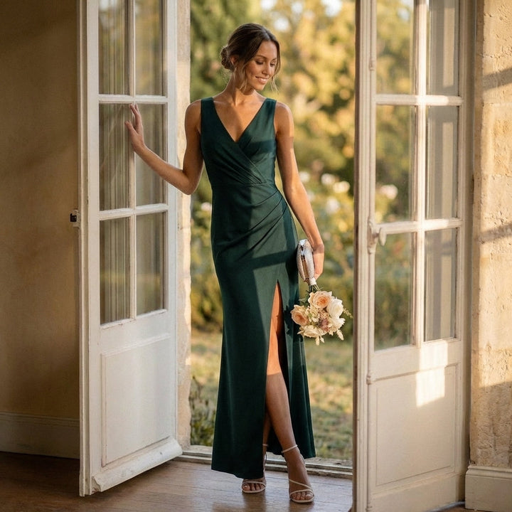 Women's Fitted V-Neck Wrap Maxi Dress With High Slit