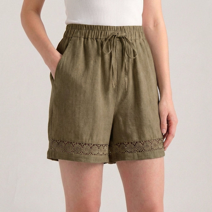 Women's Wide-Leg Mini Shorts With Delicate Lace Hem And Drawstring Waist