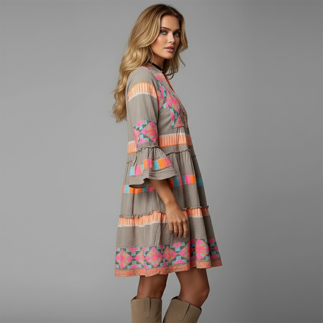 Women's Colorful Boho Bell-Sleeve Dress