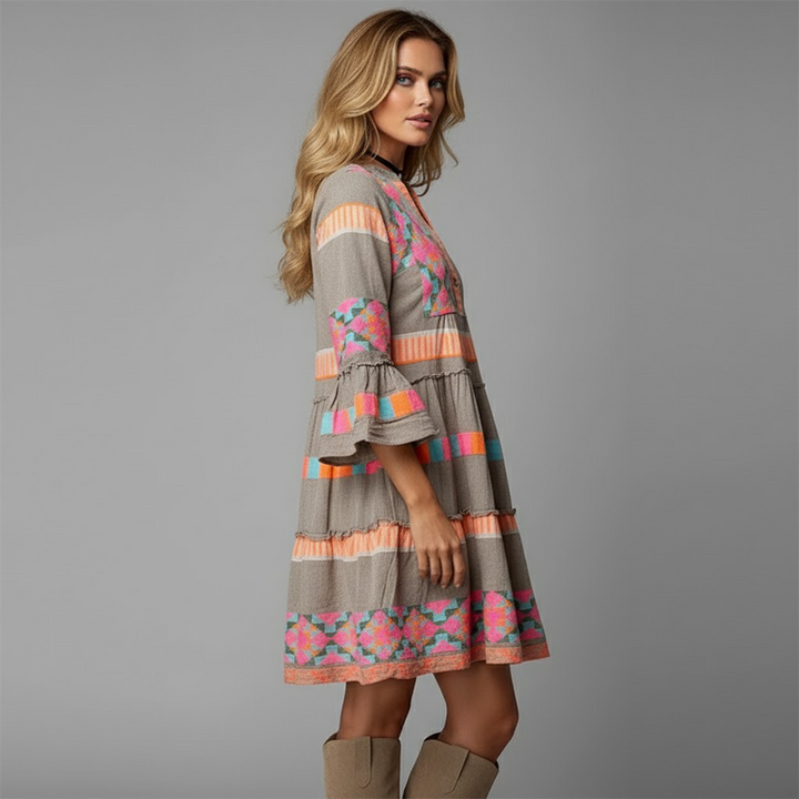 Women's Colorful Boho Bell-Sleeve Dress