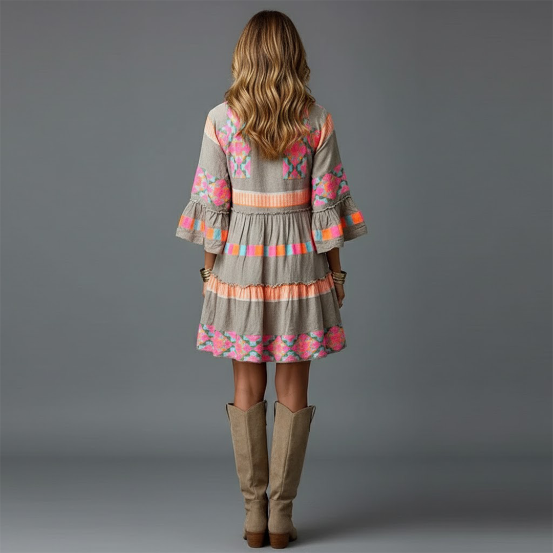 Women's Colorful Boho Bell-Sleeve Dress