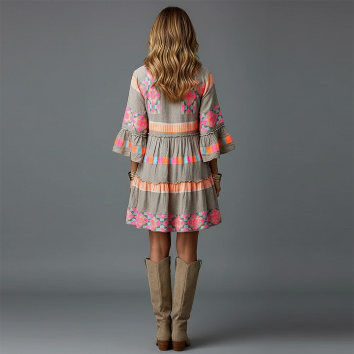 Women's Colorful Boho Bell-Sleeve Dress