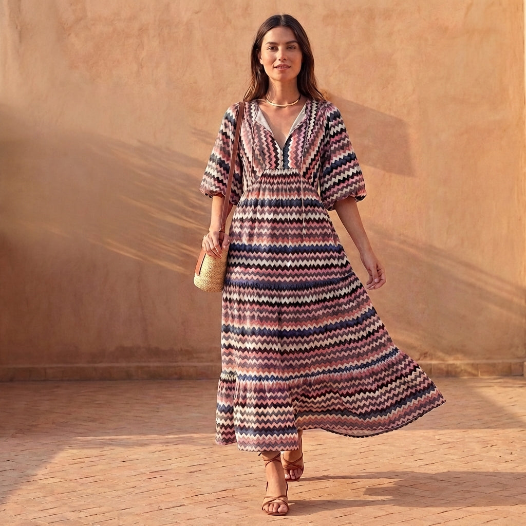 Women's V-Neck Midi Dress With Puff Sleeves and Tiered Skirt