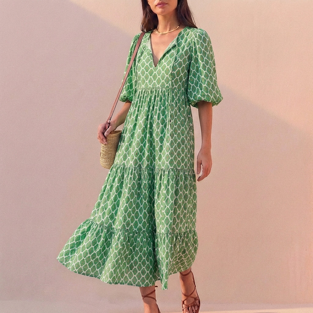 Women's V-Neck Midi Dress With Puff Sleeves and Tiered Skirt