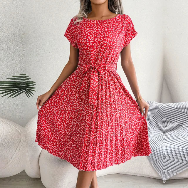 Midi Dress - Women's Floral Short Sleeve Tie-Waist Dress