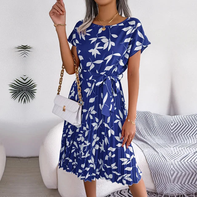 Midi Dress - Women's Floral Short Sleeve Tie-Waist Dress