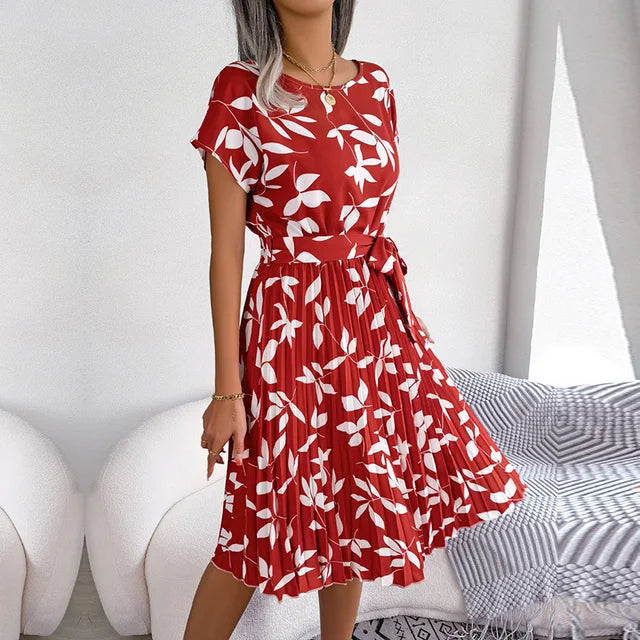 Midi Dress - Women's Floral Short Sleeve Tie-Waist Dress