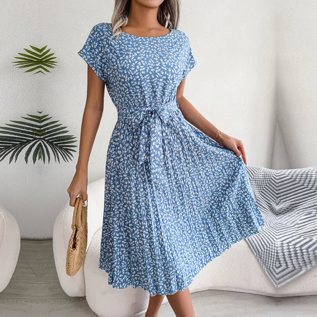 Midi Dress - Women's Floral Short Sleeve Tie-Waist Dress