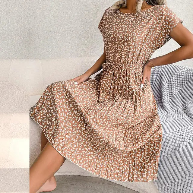 Midi Dress - Women's Floral Short Sleeve Tie-Waist Dress