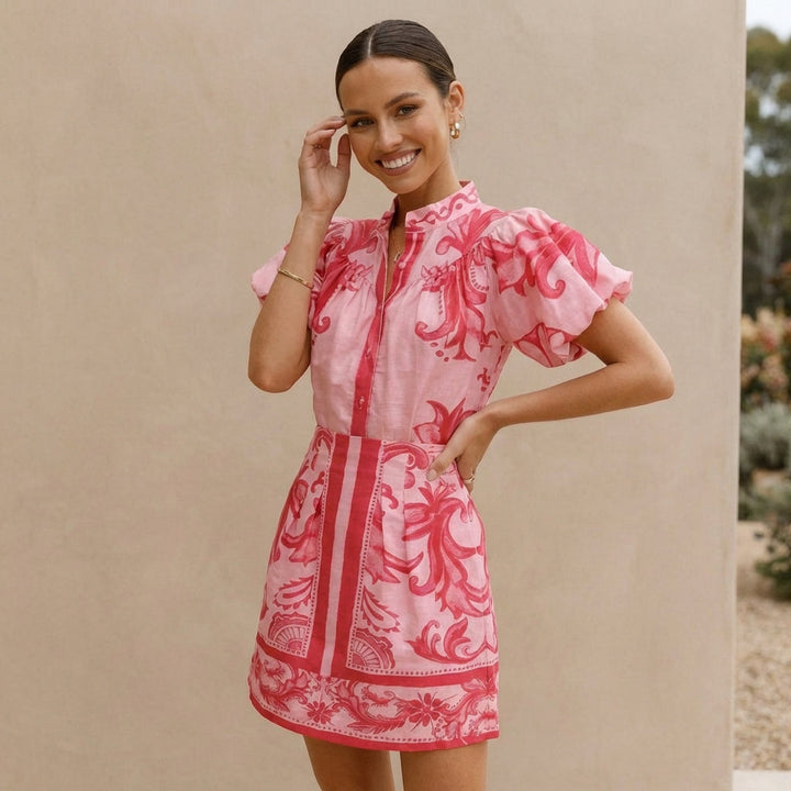 Women's Puff-Sleeve Mini Dress With Band Collar and A-Line Silhouette