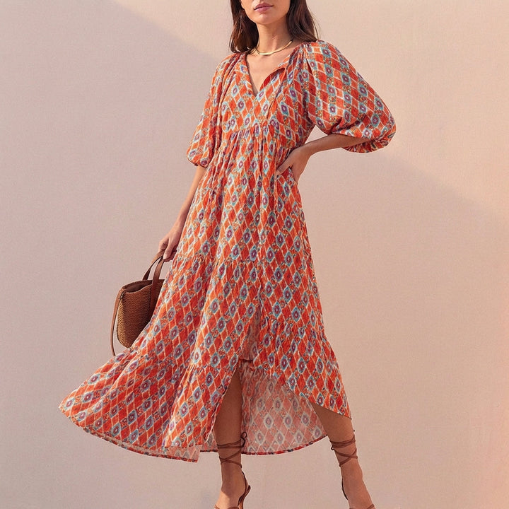 Women's V-Neck Midi Dress With Puff Sleeves and Tiered Skirt