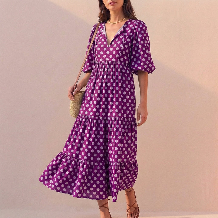 Women's V-Neck Midi Dress With Puff Sleeves and Tiered Skirt
