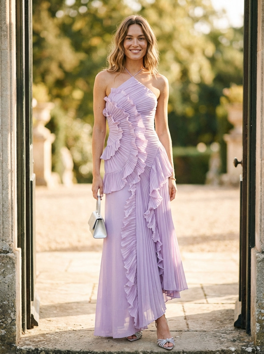 Women's Halter Maxi Dress with Ruched Bodice and Ruffled Pleated Skirt