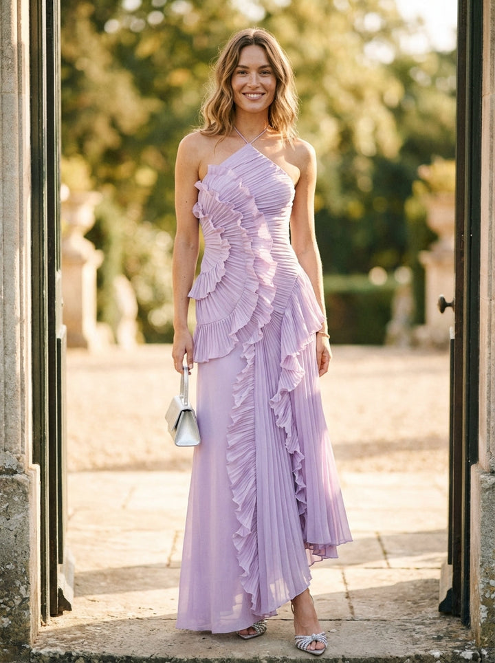 Women's Halter Maxi Dress with Ruched Bodice and Ruffled Pleated Skirt