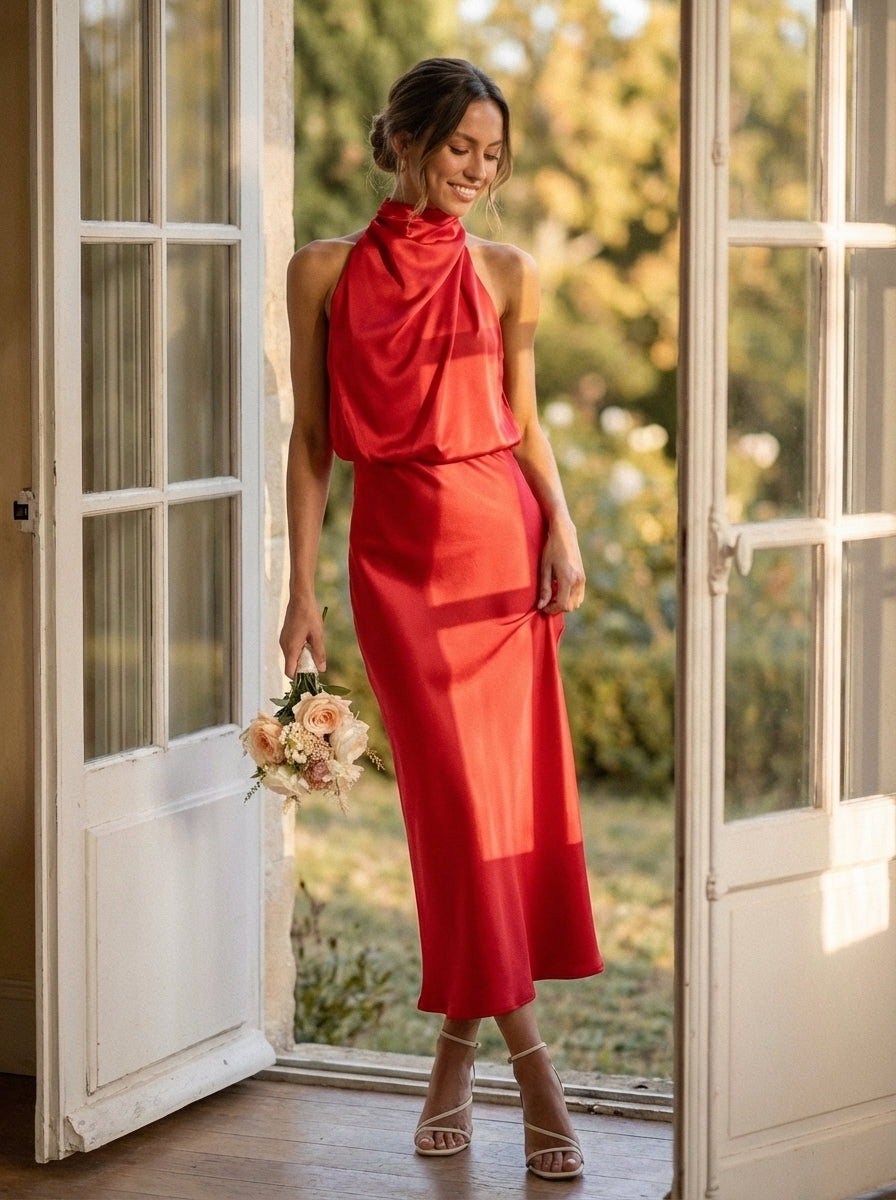 Women's Eloise Midi Dress With Draped Cowl Halter Neckline and Sleek Silhouette