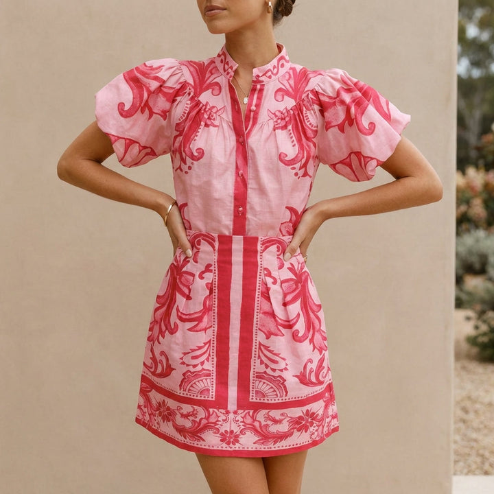 Women's Puff-Sleeve Mini Dress With Band Collar and A-Line Silhouette