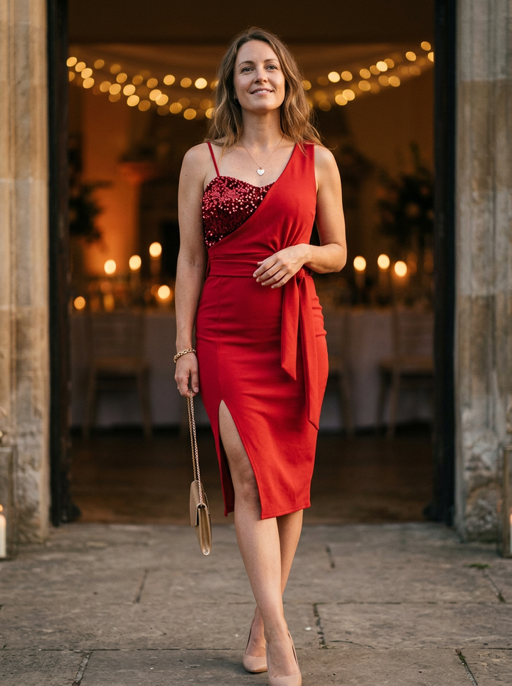 Women's Sequined Sweetheart Bodycon Dress With Draped Bodice And Side Slit