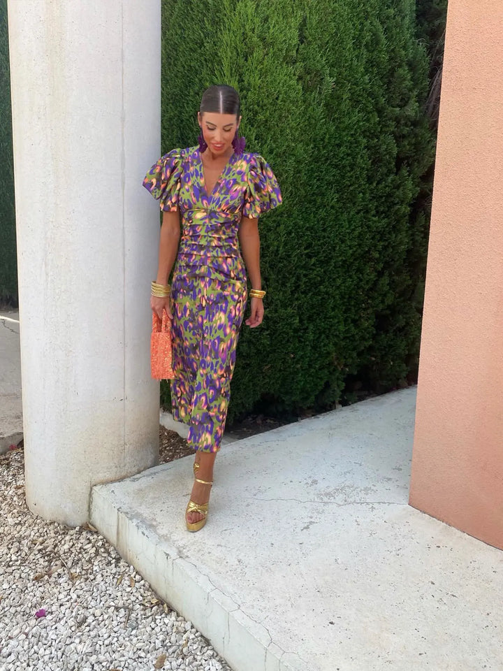 Women's Summer Printed Puff-Sleeve Midi Dress