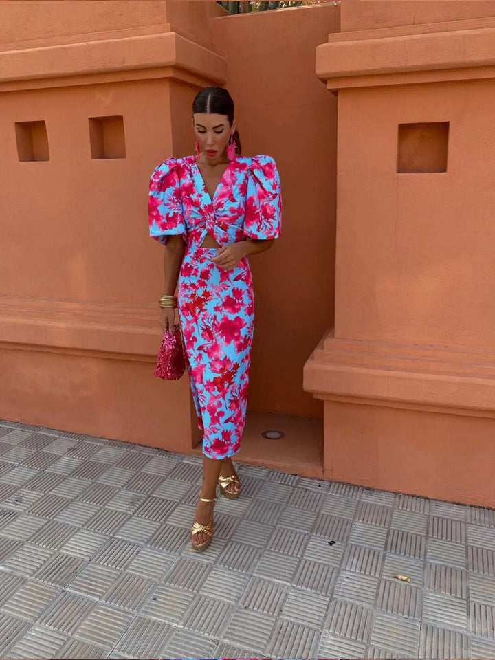 Women's Summer Printed Puff-Sleeve Midi Dress