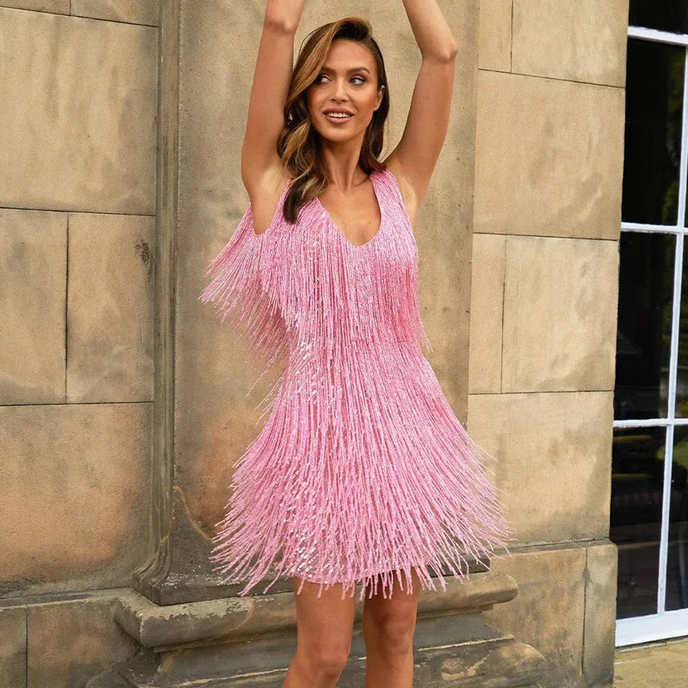 Women’s Sequin Fringe Mini Dress - V-Neck Tassel Cocktail Party Dress