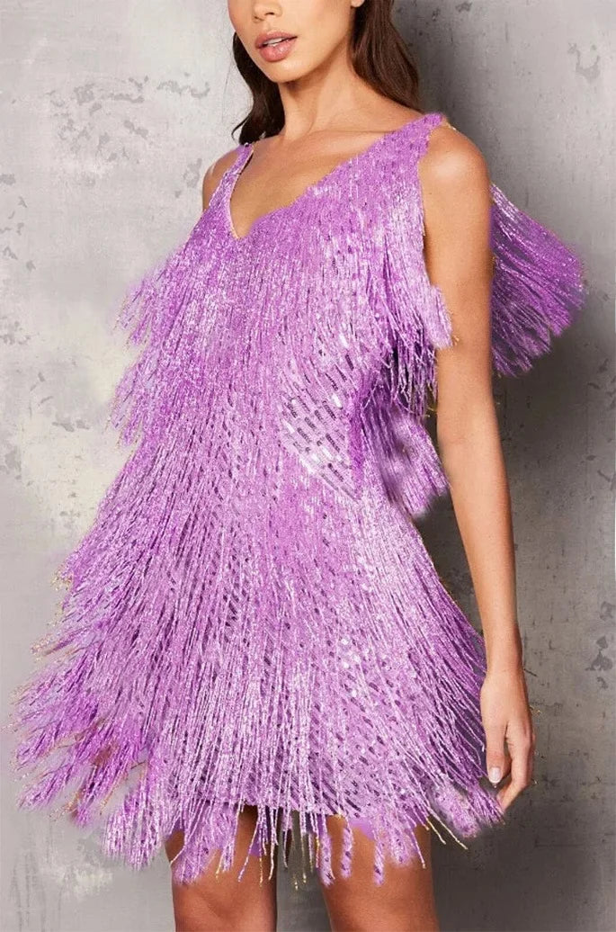 Women’s Sequin Fringe Mini Dress - V-Neck Tassel Cocktail Party Dress