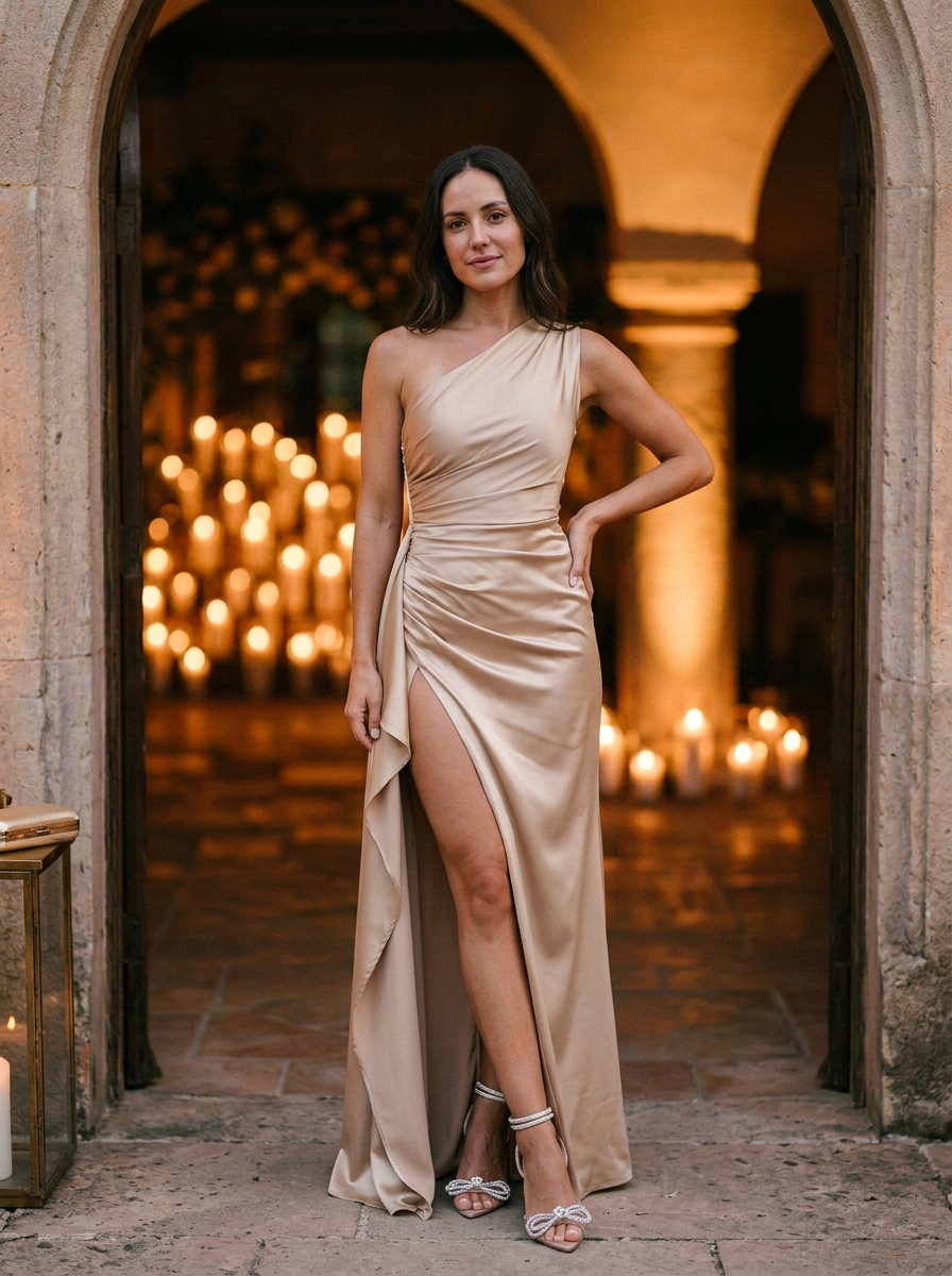 Women's One-Shoulder Ruched Bodice Maxi Dress With High Slit